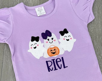 Personalized Girls Halloween Shirt, Embroidered Ghost Toddler Outfit
