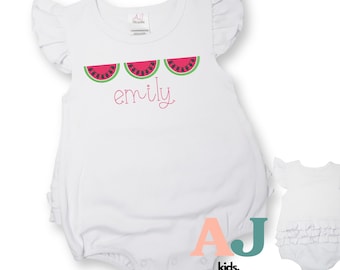 Personalized Watermelon Romper, Embroidered Ruffle Bum Bubble