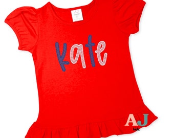 Girls Patriotic Shirt, Embroidered Name, 4th of July Tee