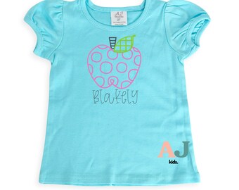 Girls Back to School Shirt, Embroidered Apple, Personalized Name
