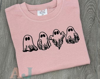 Kids Halloween Embroidered Ghost Shirt, Trendy Fall Tee
