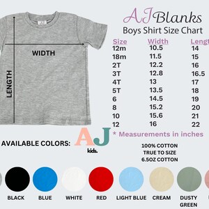 May include: A gray t-shirt with a size chart for boys' shirts, including measurements in inches. The chart lists sizes from 12 months to size 12, with corresponding width and length measurements. Available colors include grey, black, blue, white, red, light blue, cream, dusty green, and dusty rose.