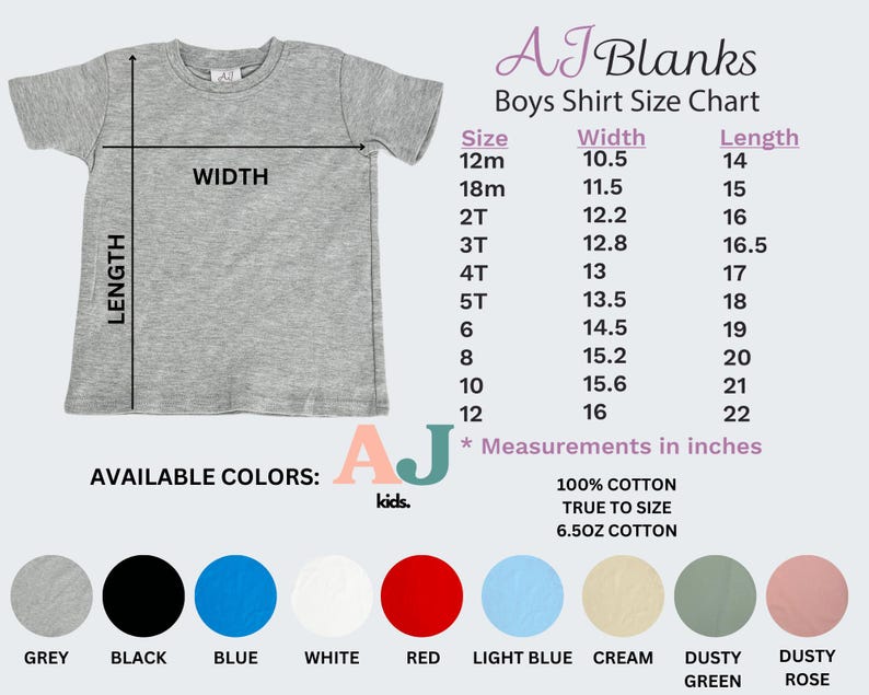 May include: A gray t-shirt with a size chart for boys' shirts, including measurements in inches. The chart lists sizes from 12 months to size 12, with corresponding width and length measurements. Available colors include grey, black, blue, white, red, light blue, cream, dusty green, and dusty rose.