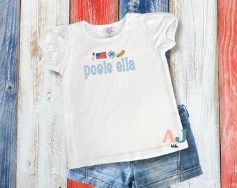 Girls 4th of July Embroidered Monogram Shirt, Personalized Tee