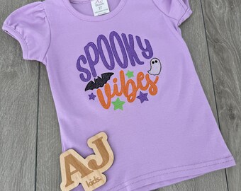 Girls Halloween Shirt, Spooky Vibes Embroidered Toddler Outfit