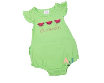 Personalized Watermelon Romper, Embroidered Ruffle Bubble, Summer Outfit