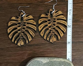 Wood Monstera Earrings