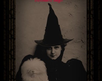 Old VINTAGE Antique WITCH WITCHY Woman with Dog  Photo Reprint
