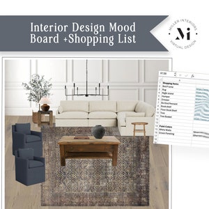 May include: A mood board for a living room interior design project. The board features a white sectional sofa, a dark wood coffee table, two blue armchairs, a rug with a floral pattern, a black lamp, a tree, and a white stool. The board also includes a spreadsheet with a list of shopping items and paint colors.
