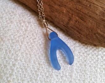 Blue Wishbone Sea Glass Pendant, Sterling Silver Sea Glass Pendant, Sea Glass Pendant for Women, Beach Glass Pendant, Handmade Pendant