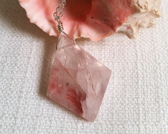 Rose-Peach Quartz Necklace, Spiny Quartz Pendant, Handmade, Silver Chain, for Women