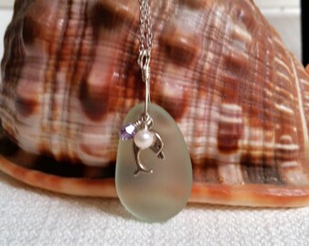 Seafoam Green Sea Glass Necklace, Sea Glass Pendant, Beach Glass, Sterling Silver Dolphin Charm, Culture Pearl, Handmade, for Women