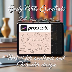 Puede incluir: Una ilustración digital de una pantalla de tableta que muestra una aplicación Procreate con 24 sellos de partes del cuerpo de alta calidad para usar en el diseño de personajes. El texto "Body Parts Essentials" y "Perfecto para el diseño anatómico y de personajes" se muestra en la pantalla.