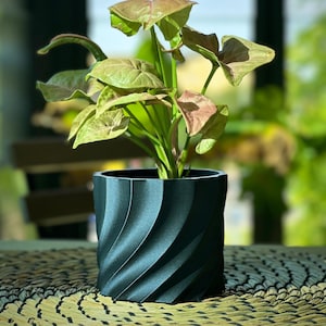 May include: A green, textured, swirl-patterned ceramic planter with a leafy green plant with pink and green leaves.