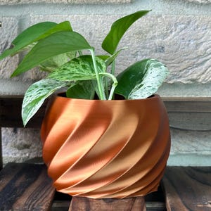 May include: A potted plant with variegated leaves in a copper-coloured, swirl-patterned planter.