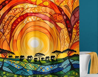 African Print Shower Curtain, Artistic Abstract Sun, Elephant Safari Nature, Colorful Stained Glass Style, (Hooks not included)