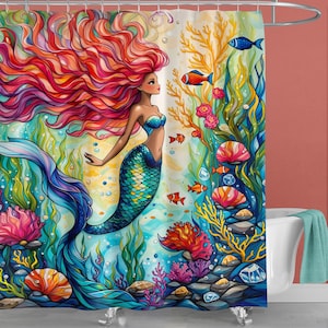 May include: A colorful shower curtain featuring a mermaid with long red hair, a blue tail, and a turquoise top. The mermaid is swimming in a vibrant underwater scene with coral, seaweed, and fish.