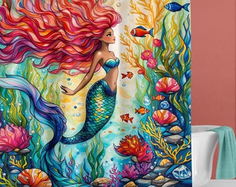 Mermaid Shower Curtain, Colorful Fish Coral Reef, Red and Turquoise Blue, Fantasy Bathroom Decor, (Hooks not included)