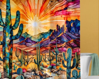 Southwestern Shower Curtain, Abstract Stained Glass, Radiant Sunrays, Southwest Boho Cactus, Southwest Bathroom, (Hooks not included)