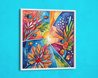 May include: A colorful abstract painting of a coral reef with fish swimming through it. The painting is done in watercolor and features a variety of colors, including blue, green, orange, and red.