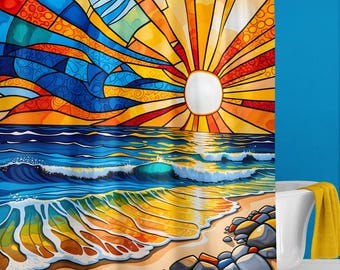 Tropical Boho Beach Sunset Shower Curtain, Stained Glass Art, Abstract Design, Vibrant Colors, Ocean Waves, Coastal Bathroom Decor