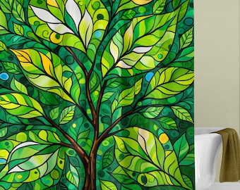 Unique Shower Curtain, Beautiful Green Tree of Life, Abstract Leaf Art, Modern Botanical Forest Design, (Hooks not included)