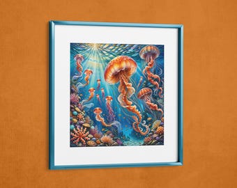 May include: A framed art print featuring a vibrant underwater scene. The artwork depicts numerous orange jellyfish with long, flowing tentacles, swimming in a blue ocean. Coral and sunlight add depth and color to the scene.
