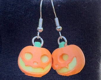 Glow in the Dark Pumpkin Earrings – 3D Printed Halloween Jewelry, Orange with Yellow Cutouts & Green Stem