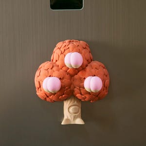 May include: A whimsical, three-dimensional tree sculpture with a light beige trunk and three orange-brown, spherical clusters of leaves. Each cluster features a pair of pink, rounded accents, creating a playful, cartoonish aesthetic. The sculpture is mounted on a gray surface.