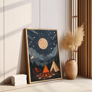 Mystisches Poster Lagerfeuer im Boho-Stil | Camping unter Vollmond | Stilvolle Waldszene für Naturliebhaber | Perfekte Wanddekoration