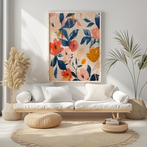 Póster vibrante | Prado de flores silvestres | Patrón floral ilustrativo en tonos de azul y coral | Diseño de pared fresco y alegre.