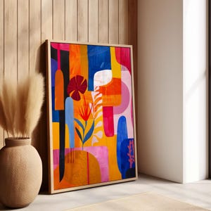 Modernes Poster | Abstrakte Blumendarstellung | Leuchtende Farben und organische Formen im Retro-Stil | Ideal für einen Boho-Look
