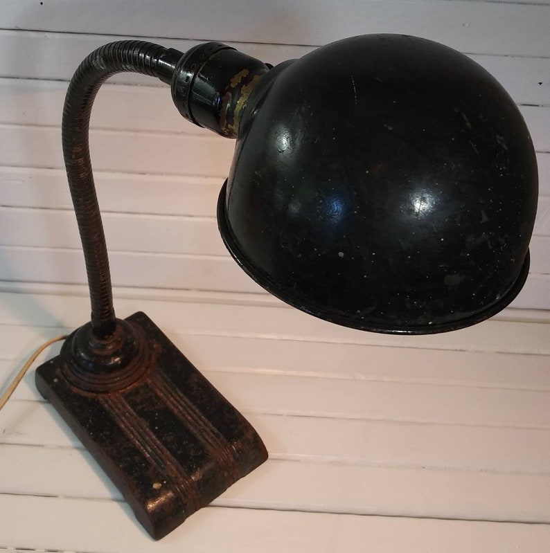 Antique Rustic Gooseneck Desk Lamo Rusty Industrial Lamp Bankers Metal Light Swedish Table Lamp Produced By Asea During The 1950s Brass Stem With Diffuser And Base In Green Painted Metal Adjule Shade Axis Very Good