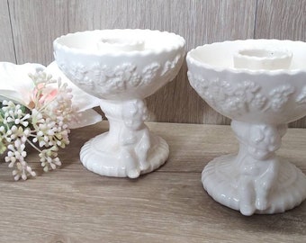 1950s Lefton Renaissance Cherub Pattern White Ceramic Taper Candlestick Holders Lefton candlestick holders Vintage lefton