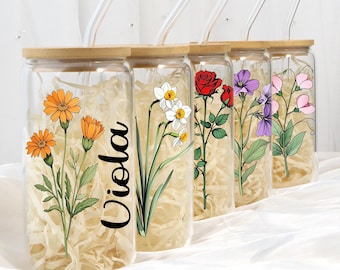 Benutzerdefinierte Kaffeetasse, personalisierte Geburtstag Blumenglas, Glas mit Strohhalm, Geburtsblumenbecher, Brautjungfer Geschenk, Geburtstagsgeschenk, Party Favor