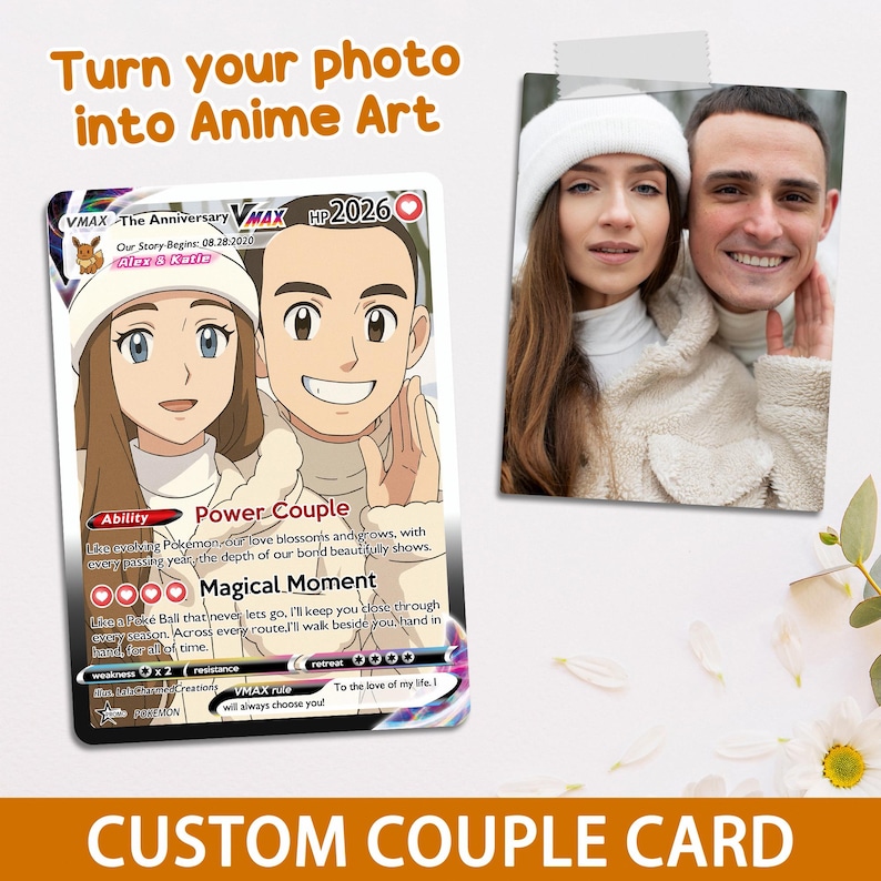 Personalized Anniversary Gift, Custom Photo Pokemon Card, Anime Wedding Card, Custom Art Card for Couple, Birthday Gift, Valentine's Day image 2