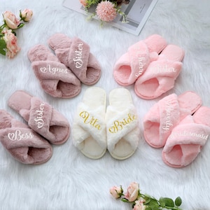 Custom Bridesmaid Slippers, Personalized Fluffy Slipper, Wedding Fluffy Slippers, Bridal Cross Slippers, Bachelorette Party Gift
