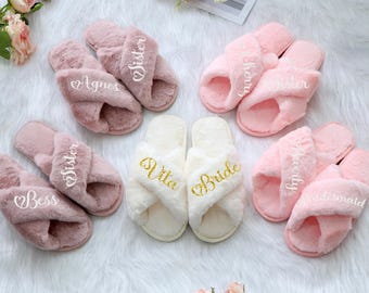 Custom Bridesmaid Slippers, Personalized Fluffy Slipper, Wedding Fluffy Slippers, Bridal Cross Slippers, Bachelorette Party Gift