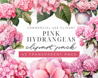 Pink Hydrangea Watercolor Clipart, Watercolor Pink Flowers, Hydrangea Bouquet, Spring Summer Flowers, Birthday Invitation, Floral Png