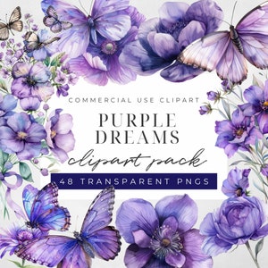 Aquarel paarse vlinder en bloem clipart, vlinder aquarel clipart, bloemen clipart, instant download, commercieel gebruik