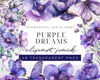Watercolor Purple Butterfly and Flower Clipart, Butterfly Watercolor Clipart, Floral Clipart, Instant Download, Commercial Use