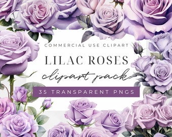 Watercolor Lilac Roses Clipart, Purple Flower, Rose Clipart, Purple Watercolor Floral Clipart, Lilac Clipart, Wedding Invitation