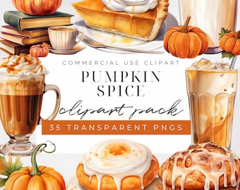 Watercolor Pumpkin Spice Clipart, Pumpkin Spice Latte, Fall Spice Latte, Pumpkin Pie Clipart,  Autumn Clipart, Download, Commercial Use