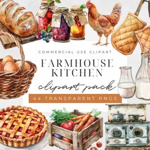 Imágenes prediseñadas de cocina campestre de acuarela, paquete de imágenes prediseñadas de cocina rústica de acuarela, descarga instantánea de cabaña vintage rústica, uso comercial