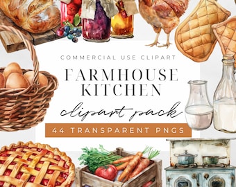 Watercolor Country Kitchen Clipart, Watercolor Rustic Cooking Clipart bundle, Rustic vintage cottage Instant Download, Commercial Use
