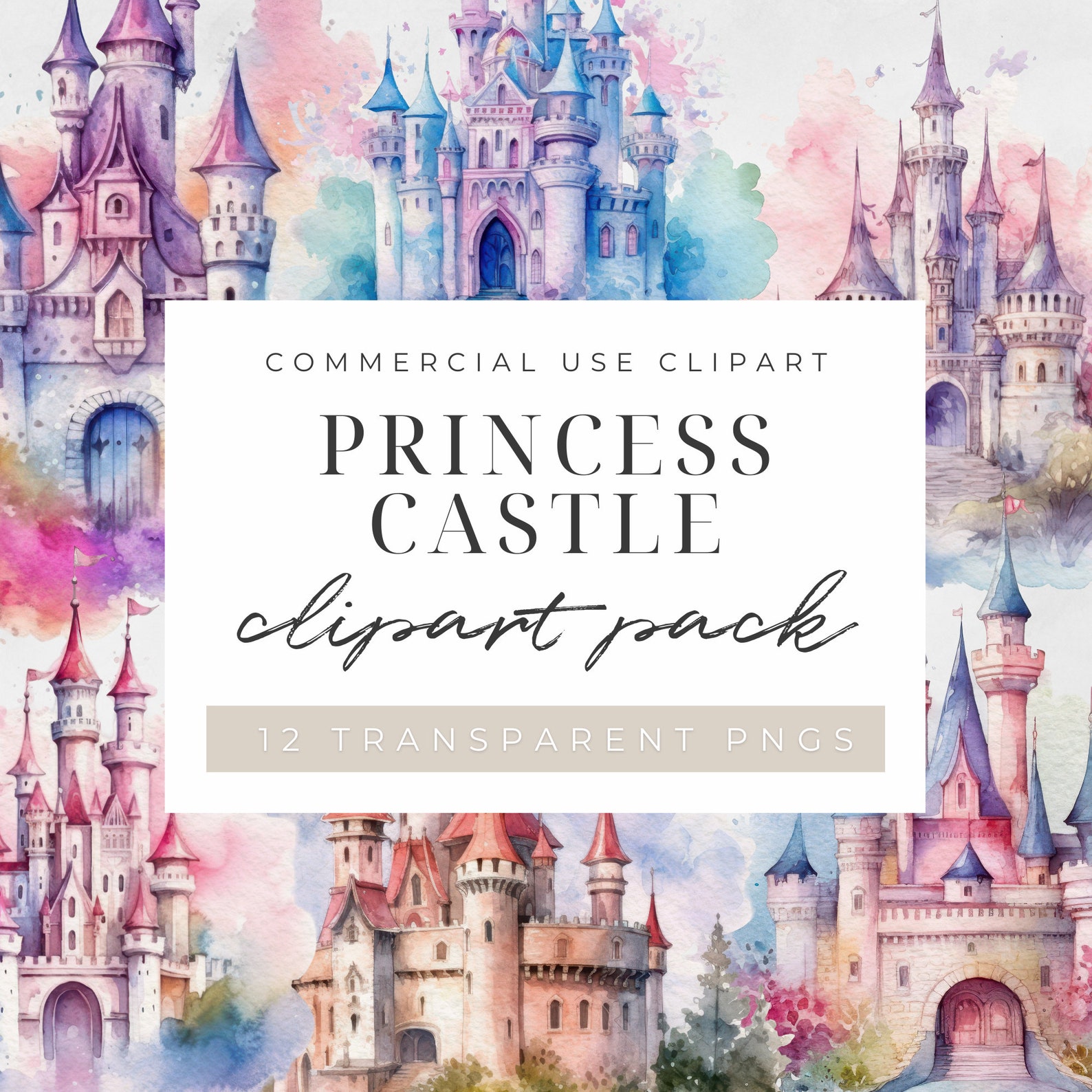 Watercolor Princess Castle Clipart, Printable Watercolor Clipart ...