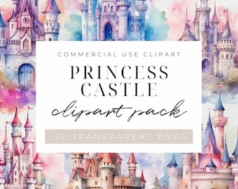 Watercolor Princess Castle Clipart, Printable Watercolor clipart, Transparent PNG, Digital Download, Fairytale Castle PNG, Commercial Use