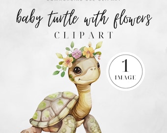 Watercolor Baby Turtle with Flowers Clipart, SINGLE IMAGE, Cute Sea Turtle PNG, Nursery Art, Nursery Art, Floral Baby Turtle Clipart