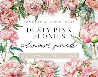 Dusty Pink Peonies Clipart, Watercolor Clipart, Pink Peony Clipart, Wedding Clipart, Wedding Invites, Digital Clipart, Instant Download