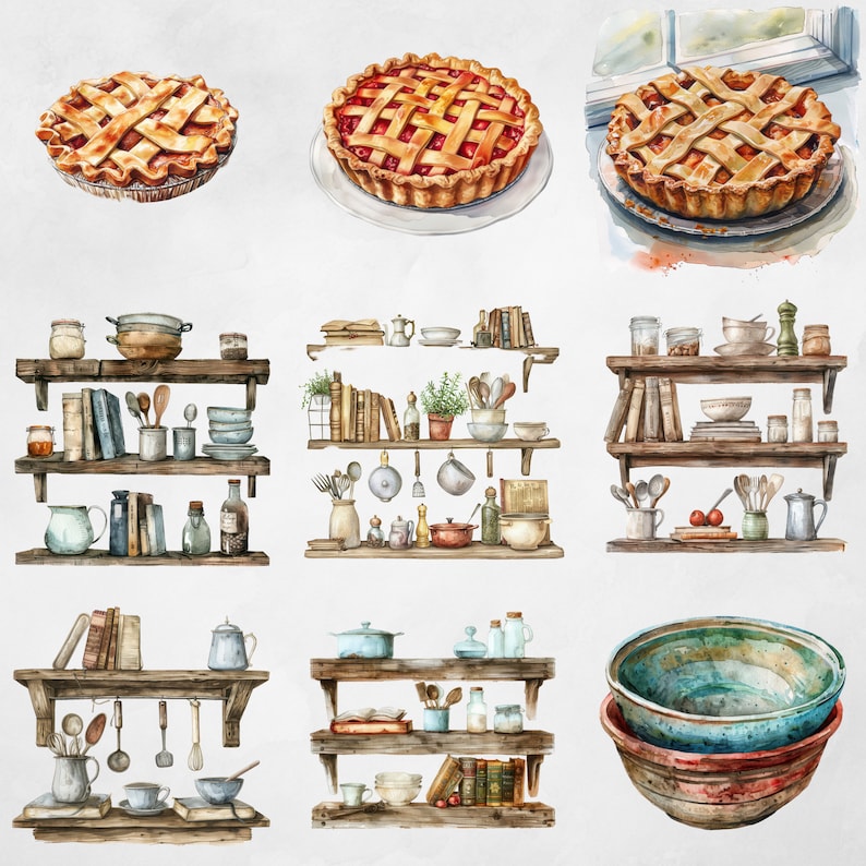 Akvarell lantkök Clipart, akvarell rustik matlagning Clipart bunt, rustik vintage stuga direkt nedladdning, kommersiellt bruk bild 6